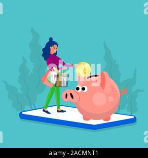 Donna detiene il carrello e la messa grande moneta nel salvadanaio. Stand a big telefono. Concept art di cash back, sconto, salvataggio mentre la spesa. Blue Illustrazione Vettoriale