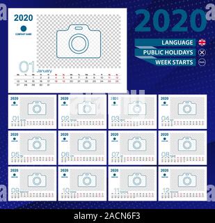 Escursioni Calendario 2020, 2 settimana griglia in inglese. Posto per foto per illustrazione. Template vettoriale. Illustrazione Vettoriale