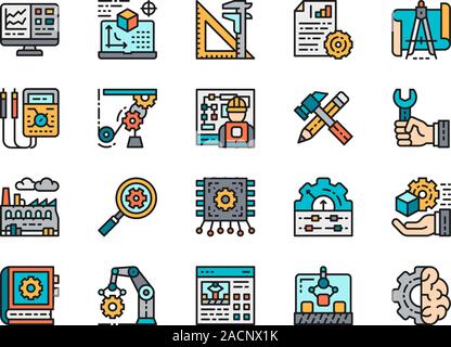 Set di Engineering schermo piatto a colori e icone. Workplace, strumenti, ingegnere, Chip e di più. Illustrazione Vettoriale