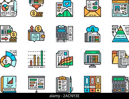 Set di Accounting Report schermo piatto a colori e icone. Presentazione, grafici, riprendere e altro ancora Illustrazione Vettoriale