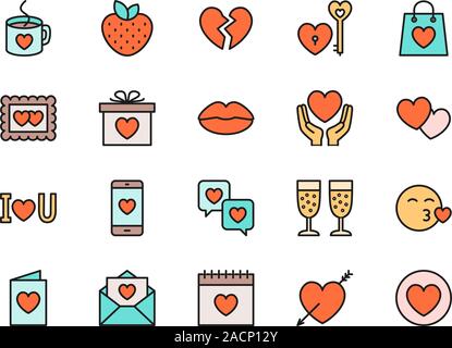 Set di San Valentino di schermo piatto a colori e icone. Cuori, dono, Messaggio, Kiss e altro ancora. Illustrazione Vettoriale