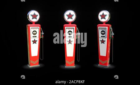 Retro rosso vecchia stazione di benzina. Retro della pompa gas isolate su sfondo nero. Rifornimento di benzina. 3d illustrazione Foto Stock