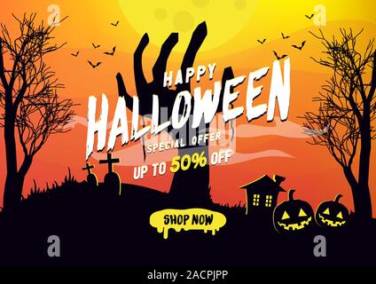 Halloween vendita poster o banner design. Sito web spooky o il modello di pagina di intestazione. Illustrazione Vettoriale
