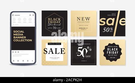 Promozione moderna piazza banner web per i social media. Imposta di vendita modello di pagina di intestazione design. Illustrazione Vettoriale
