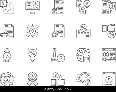 Set di prestito rapido le icone della linea. Gli investimenti, in Prestito, ipoteca, deposito e più. Illustrazione Vettoriale