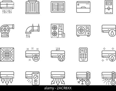 Set di aria condizionata le icone della linea. Telecomando, raffreddatore umidificatore e altro ancora. Illustrazione Vettoriale