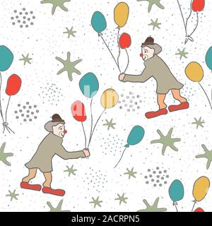 Modello senza cuciture con simpatici clown, aria palloncini sulla cute dello sfondo. Lo stile scandinavo. Illustrazione Vettoriale