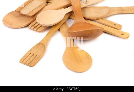 Cucina diversi utensili di legno posate close up Foto Stock