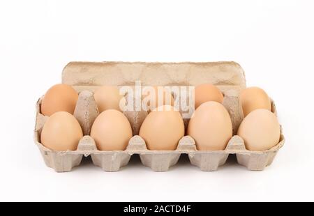 Dieci uova marrone in scatola per uova Foto Stock