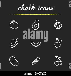 La frutta e la verdura chalk set di icone. Pomodoro, tagliato di avocado, aglio, grappolo di uva, fette di melone e barbabietola, patata, PEA POD, ciliegie. Vettore isolato c Illustrazione Vettoriale