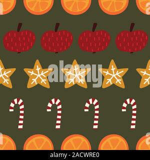 Candy canes, i cookie, le arance, le mele perfetta sullo sfondo di Natale. Vettore di spezie invernale modello ripetitivo. Disegnata a mano oggetti isolati su verde Illustrazione Vettoriale