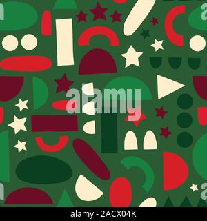 Forme astratte sfondo di Natale colori seamless sfondo vettoriale. Verde rosso bianco metà geometrico cerchi, stelle, punti, rettangoli. Moderno Illustrazione Vettoriale