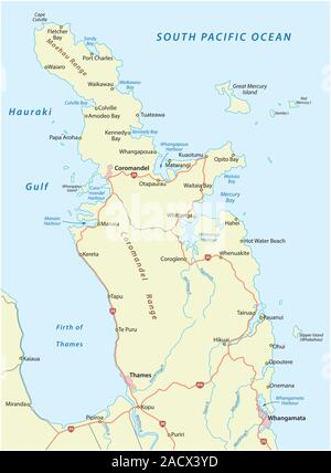 La mappa stradale di Nuova Zelanda Penisola di Coromandel Illustrazione Vettoriale