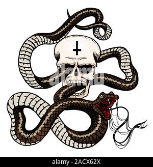 Snake con un cranio in stile vintage. Serpent cobra o python o vipera velenosa. Incisi disegnati a mano il vecchio rettile schizzo per Tattoo. Anaconda per Illustrazione Vettoriale