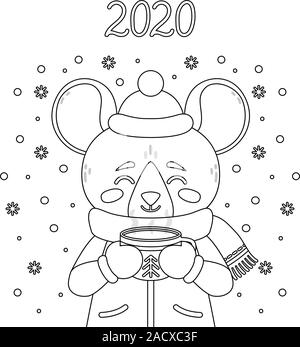 Il ratto con una tazza di tè in inverno indossare. Mouse con un cacao in piedi nella neve. Il simbolo del nuovo anno cinese 2020. Biglietto di auguri con un mouse per Illustrazione Vettoriale