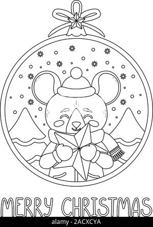 Pallina di natale con l'immagine di azienda di ratto una stella. Il simbolo del nuovo anno cinese 2020. Biglietto di auguri con un mouse per il Nuovo Anno e Christma Illustrazione Vettoriale