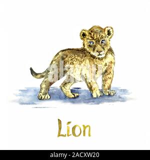 Lion cub ritratto, dipinte a mano illustrazione ad acquerello isolato su bianco, elemento per la progettazione Foto Stock