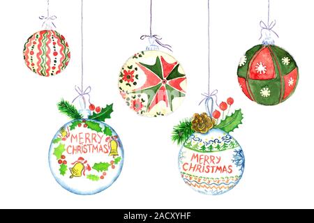Decorazione natalizia sfera raccolta con saluto Buon Natale, dipinte a mano illustrazione ad acquerello isolato su bianco, elemento perfetto per la progettazione Foto Stock