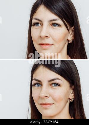 Confronto foto prima e dopo il trucco permanente, di tatuaggio delle sopracciglia per la donna nel salone di bellezza Foto Stock