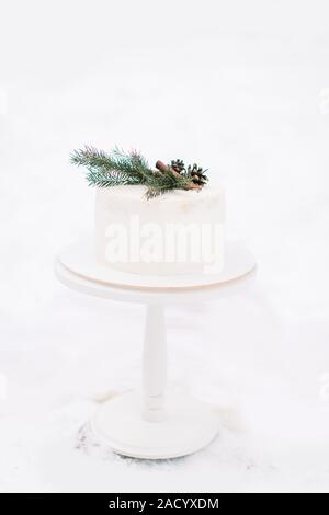 Matrimonio all'aperto d'inverno decorazioni. White torta nuziale decorata con ramo di pino, coni e cinnamone, sulla torta bianca stand, in inverno Foto Stock