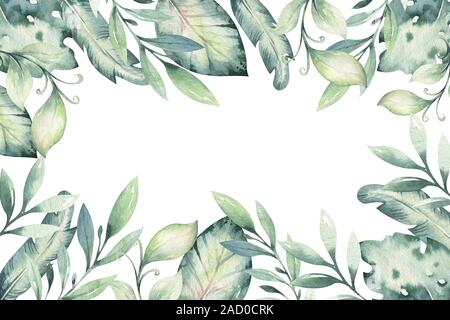 Telaio ad acquerello di colorati di foglie tropicali. Concetto di giungla per la progettazione di inviti, biglietti di auguri e sfondi. Foto Stock