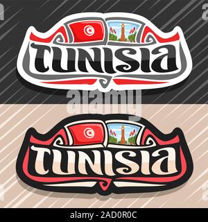 Il logo del vettore per paese Tunisia, frigo magnete con stato tunisino bandiera, spazzola originale carattere tipografico per word tunisia e nazionale simbolo tunisino - orologio Illustrazione Vettoriale