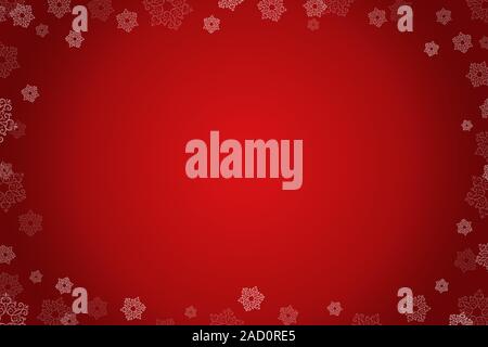 Rosso di Natale gradiente dello sfondo con telaio di fiocchi di neve. Cornice decorativa di fiocchi di neve sul redbackground Foto Stock