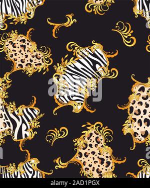 Seamless Wild Safari Modello di pelle.Oro ornamento barocco.Decorazioni dorate su sfondo nero. - Vettore Illustrazione Vettoriale