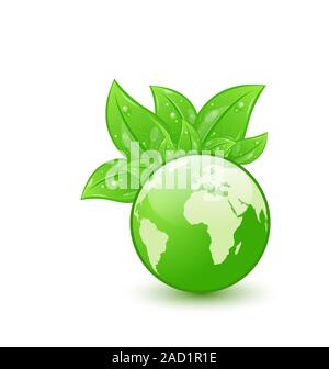 Pianeta globale e eco foglie verdi isolati su sfondo bianco Foto Stock