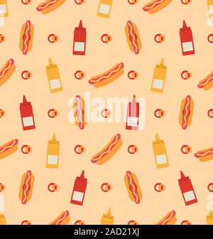 Modello senza cuciture con Hot Dogs, bottiglie di senape e ketchup Foto Stock