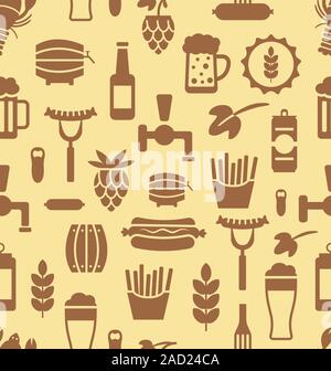 Modello senza soluzione di continuità con le icone di birre e snack Foto Stock
