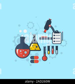 Modello per mostrare varie prove svolte in vetreria di laboratorio utilizzando soluzioni chimiche e le reazioni. Appartamento moderno s Foto Stock