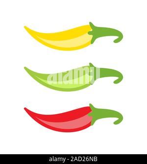 Hot chili pepper set isolato su sfondo bianco. Rosso, giallo e verde. Foto Stock