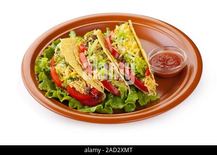 Carni bovine tacos con insalata e pomodori salsa Foto Stock