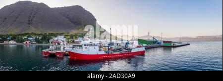 Porto, Bildudalur, Arnarfjordur fiordo, Westfjords, Islanda Foto Stock