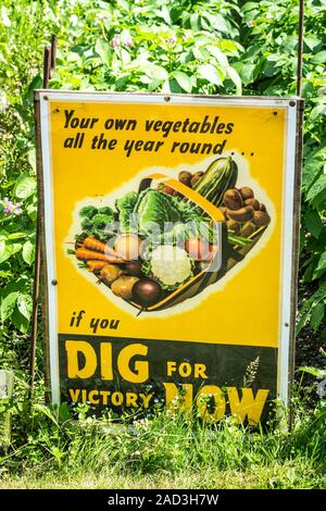 Scavare per Victory segno vintage all'aperto nel giardino estivo, stazione di Arley, Severn Valley Railway 1940's wartime event. Coltivare i propri prodotti alimentari forniture. Foto Stock