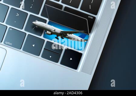 Concetto di viaggiare in aereo. prenotazione biglietti aerei online. Biglietto aereo prenotazione di un volo. Un aereo in fase di decollo. La pianificazione della vacanza. Foto Stock