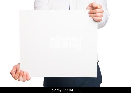 Close up man mano che mostra white blank board Foto Stock