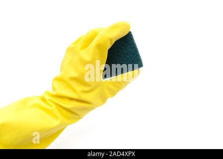 Mano azienda Spugna per pulizia isolati su sfondo bianco Foto Stock