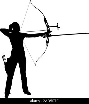 Silhouette donna attraente archer la curvatura di un arco e mirando nel bersaglio. Illustrazione Vettoriale