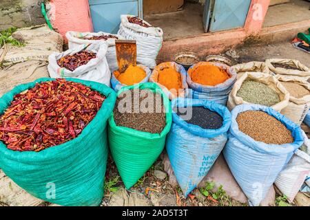 Etiopia. Amhara. Sbarcare. Peperoncino essiccato i peperoni e spezie per la vendita al mercato di sbarcare. Foto Stock