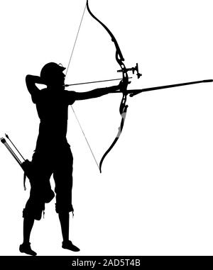 Silhouette donna attraente archer la curvatura di un arco e mirando nel bersaglio. Illustrazione Vettoriale