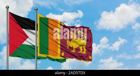 Palestina e Sri Lanka bandiera sventolare nel vento contro bianco torbido cielo blu insieme. Concetto di Diplomazia e relazioni internazionali. Foto Stock