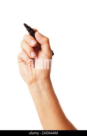 Mano con un marcatore isolato su bianco Foto Stock