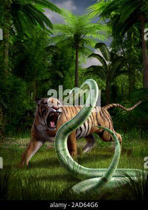 Big Cat Tiger attacca aggressivamente un serpente Python una giungla profonda, 3D render Foto Stock
