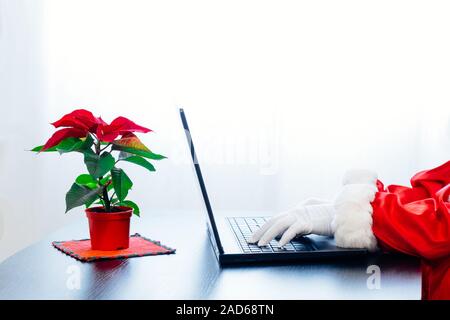 Babbo Natale utilizzando laptop su sfondo bianco con red poinsettia. Vestito in guanti bianchi mani di Santa la digitazione sul computer. Foto Stock