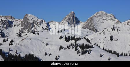 Dent de Ruth e altre montagne coperte di neve vista dal monte Rellerli, Svizzera. Foto Stock