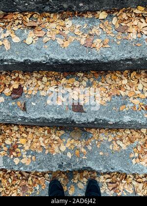 Scarpe nere degli uomini e su per le scale con caduto foglie gialle in autunno Foto Stock