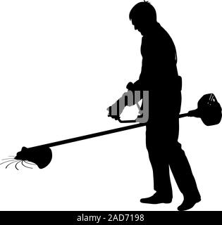 Silhouette lavoratore di un giardino interrompe l'erba. Illustrazione Vettoriale. Illustrazione Vettoriale