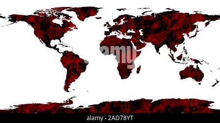 Abstract mappa del mondo, confini di tutti i continenti riempito con secchi rosso sangue schizza Foto Stock